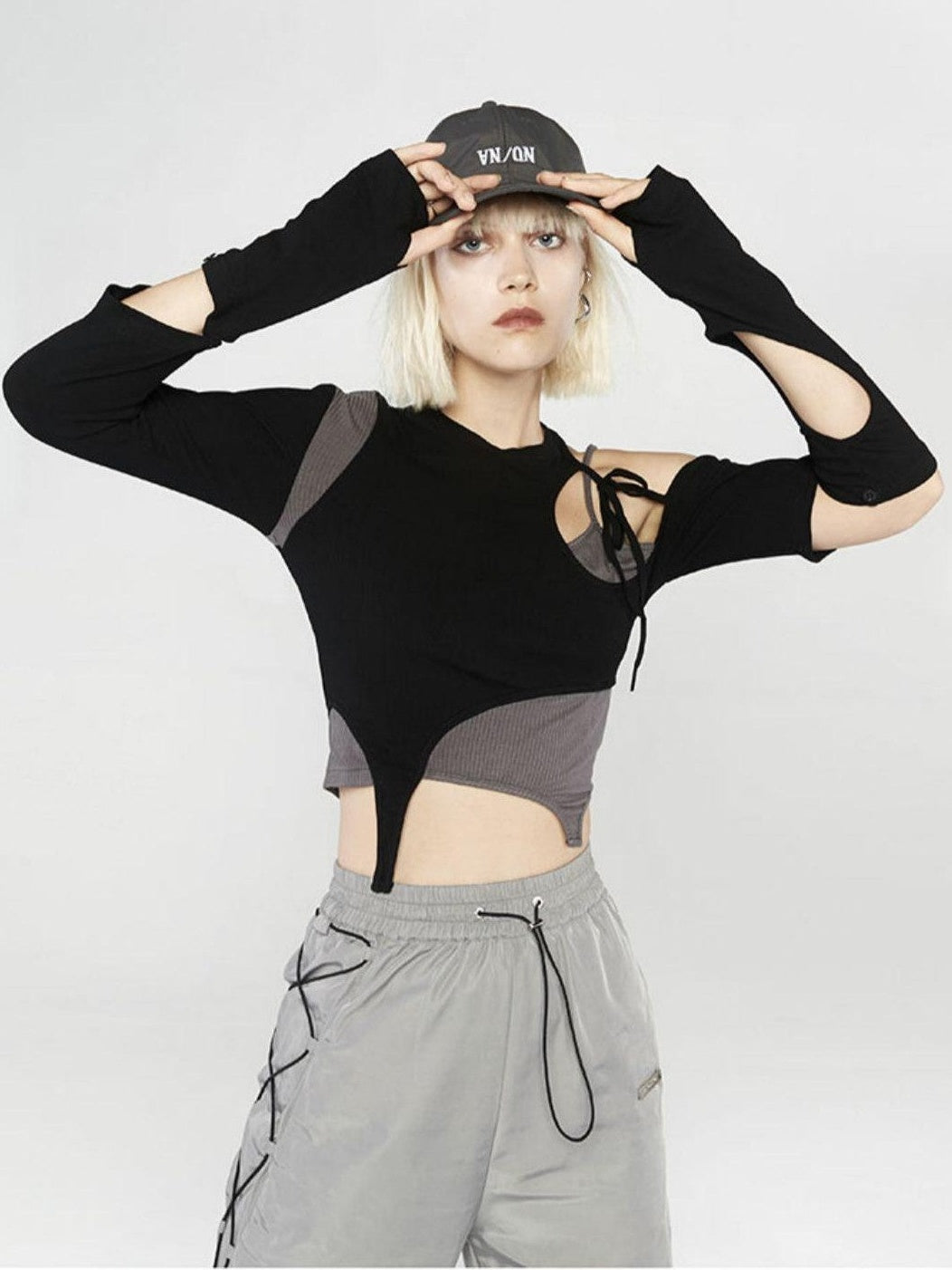 ANYQUESTION Black Gray Deconstructed Tie Detachable Slim Knit Women&