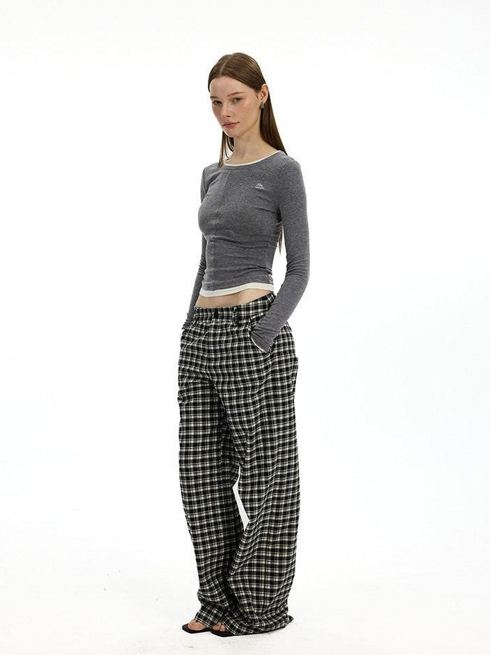 AFTADAWN Plaid Relaxed Mid Rise Natural Waist Pocketed Zip Fly Women&