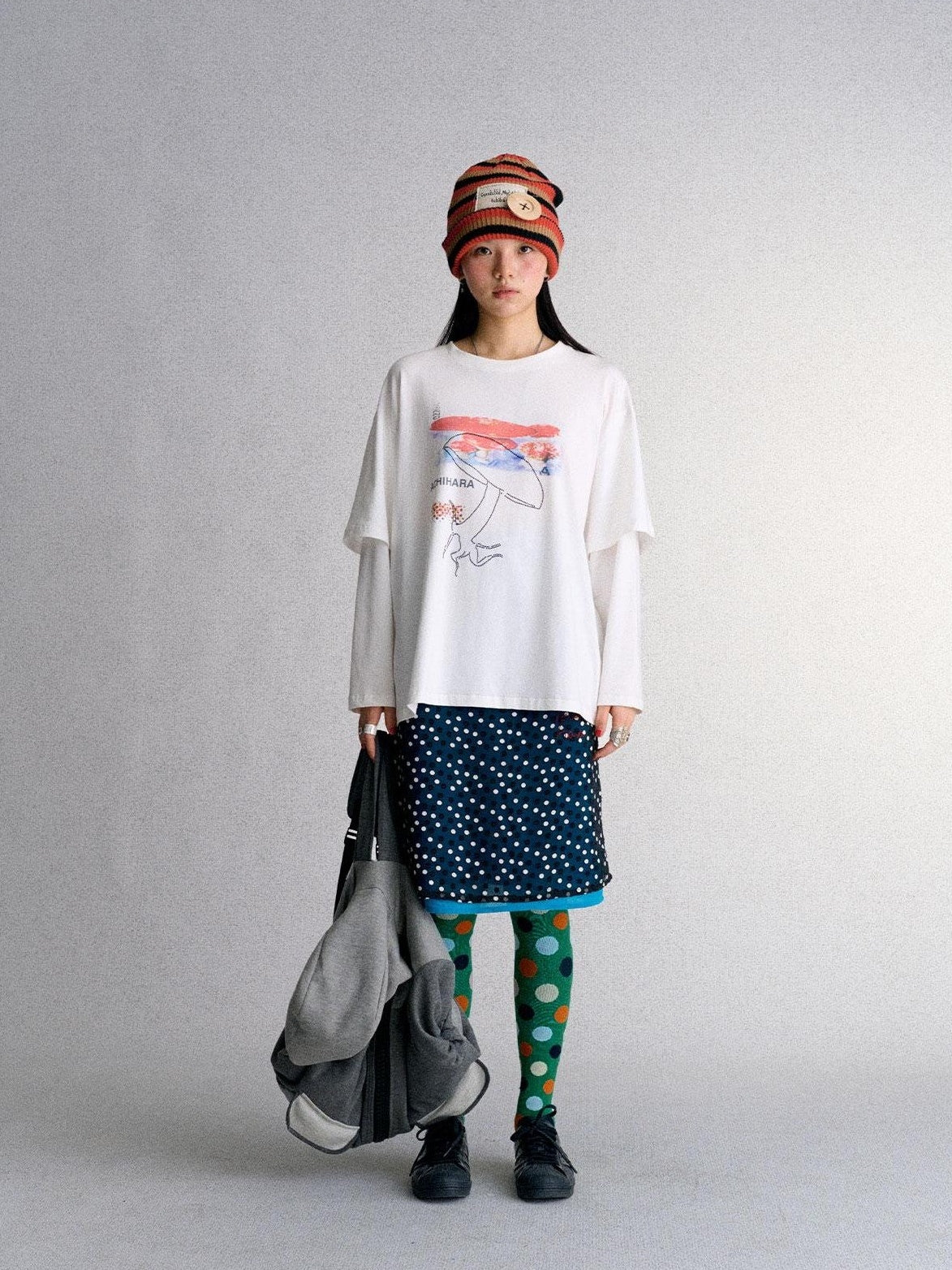 Achihara Mushroom Print Rhinestone Faux Layered Women&