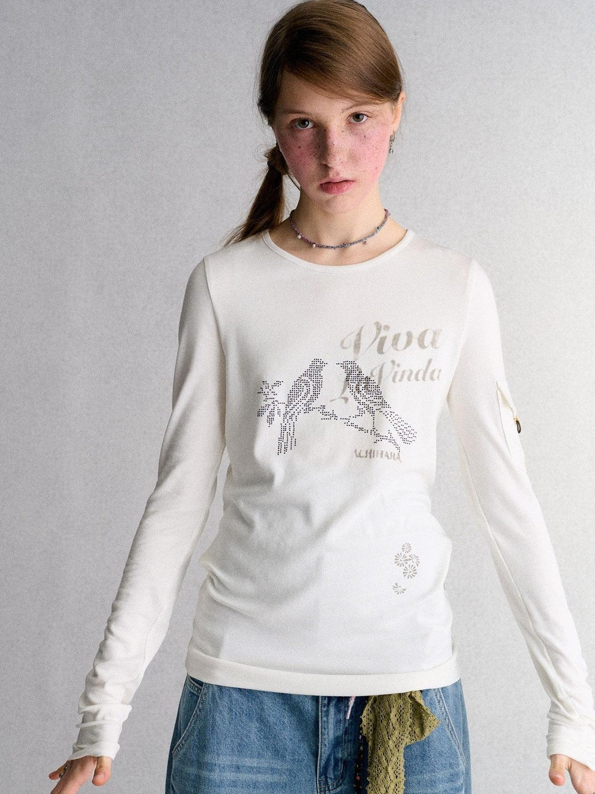 Achihara White Animal Print Rhinestone Slim Fit Women&