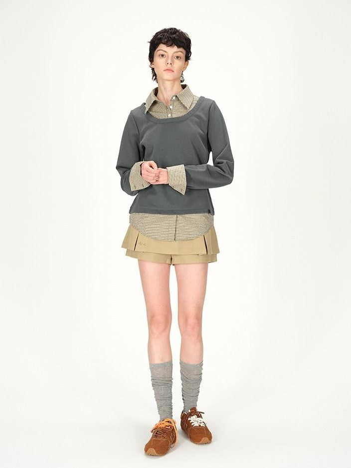 AFTADAWN Grey Plaid Spliced Faux Two Piece Polo Women&