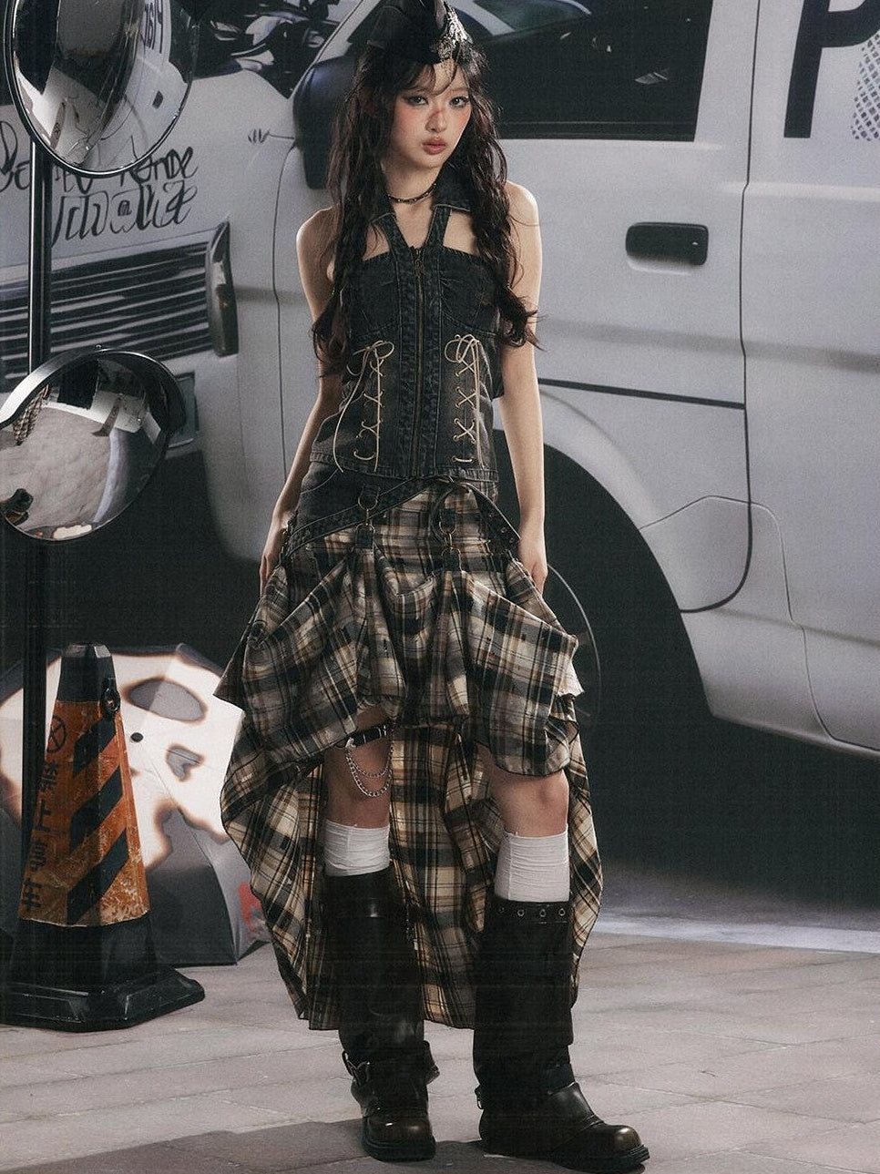 ALL iN plan Vintage Plaid Patchwork Asymmetric Women&