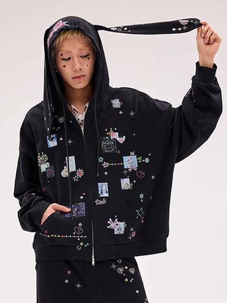 CFIERCE Embroidered Rabbit Ear Hoodie With Rhinestone Details