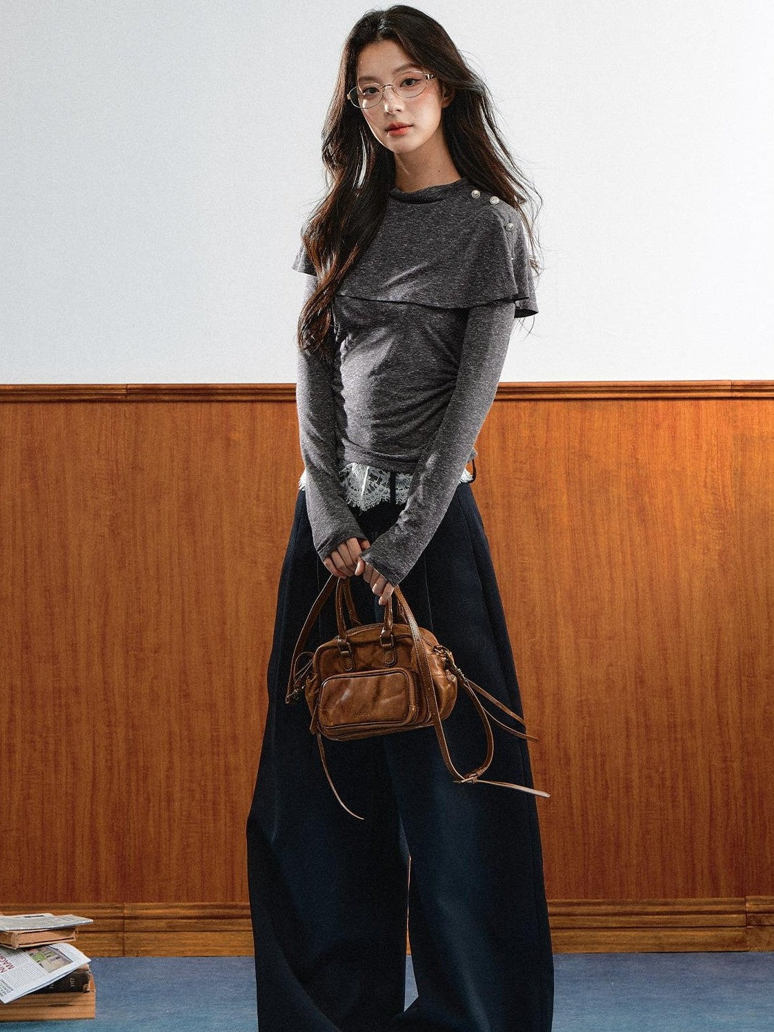 7Shiftin Double Collar Shirred Shoulder Women&