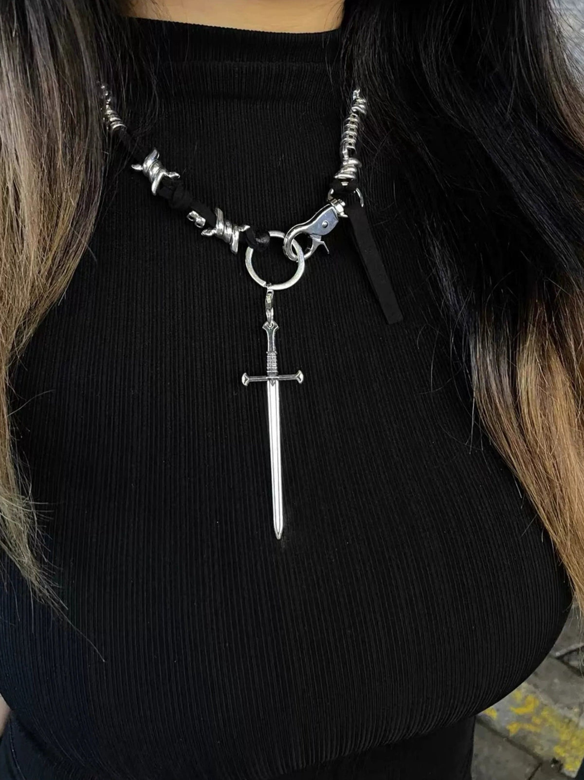 DETW online Handcrafted Long Sword Titanium Steel Pendant With Leather Cord