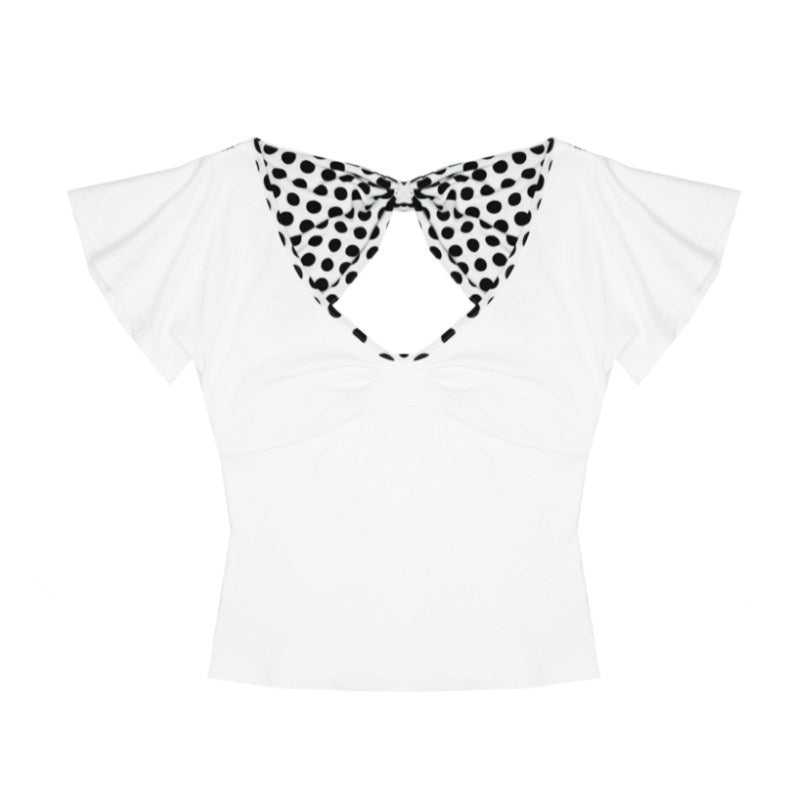 nit_alcove_Bow_Detail_Slim_V-neck_Cotton_Polka_Dot_Commuter_Women_Basic_Crop_Tops_MISSTT
