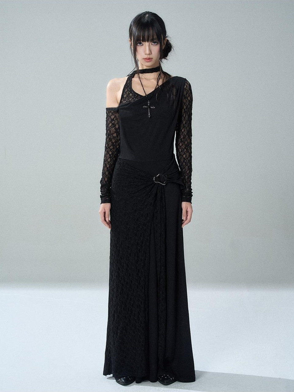 LADYGHOST Black Lace One Shoulder Long Sleeve Women&
