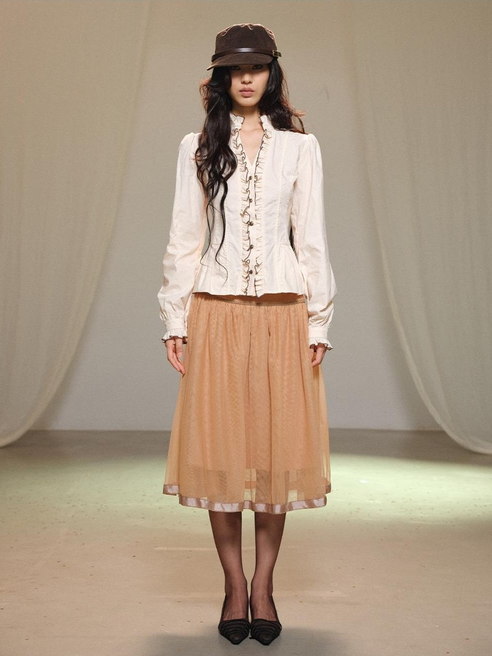 lvetong Beige Bubble Sleeve Ruffle Trim Splice Cinched Waist Women&