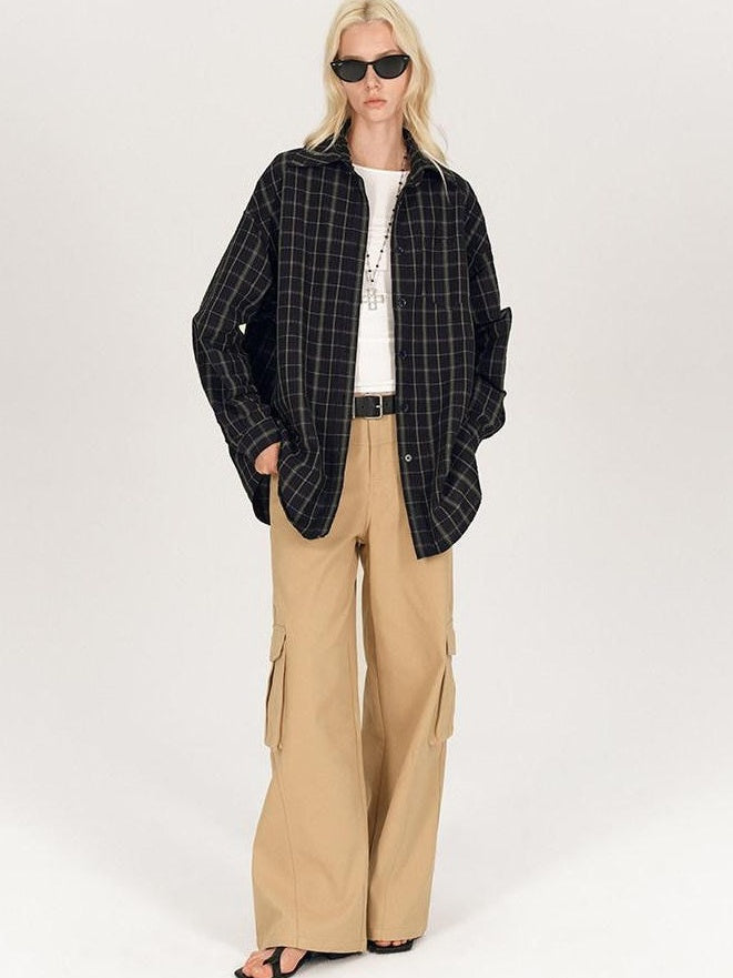 AFTADAWN Soft Textured Plaid Patchwork Collared Loose Women&