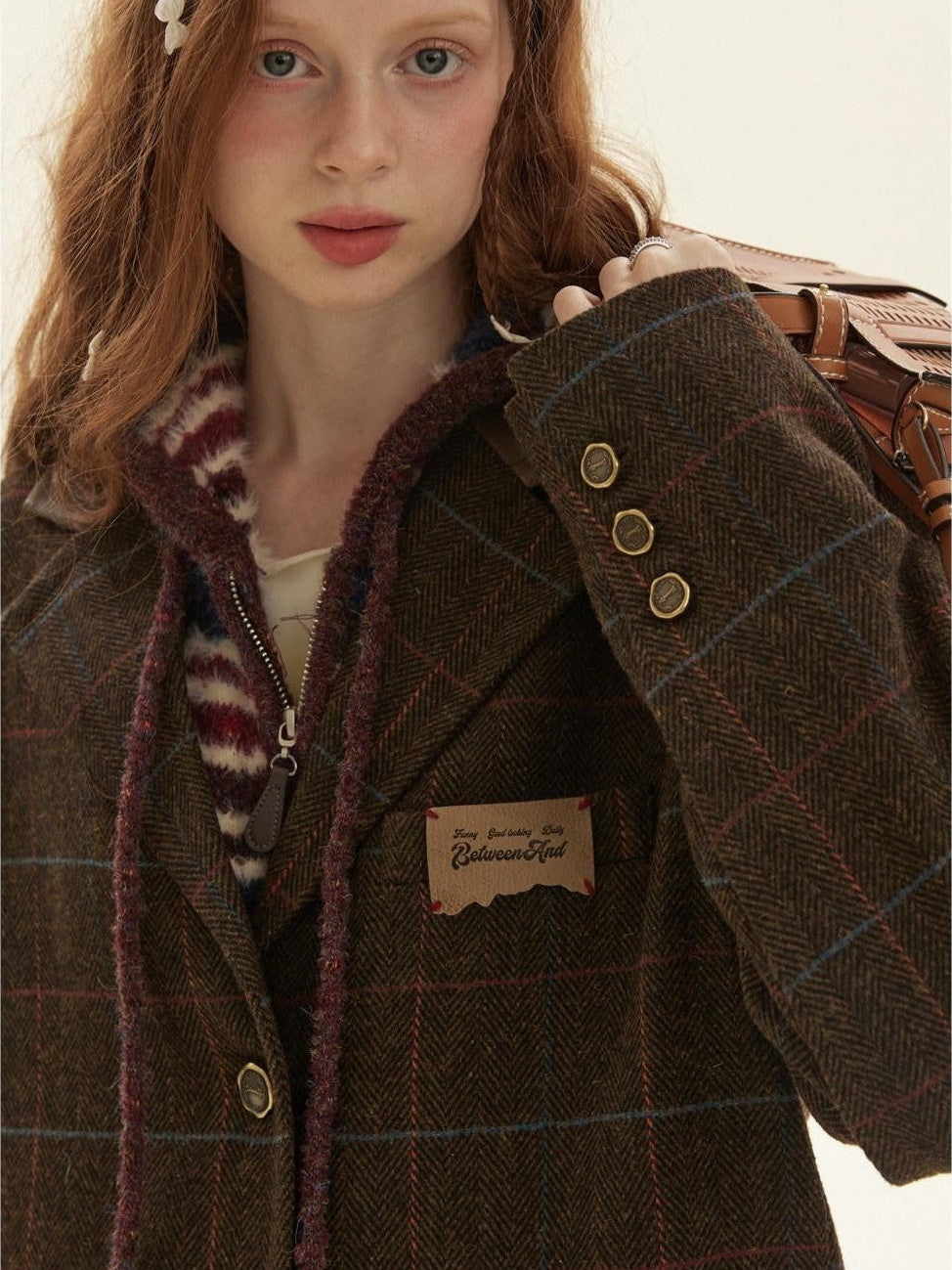 BETWEENAND Vintage Brown Plaid A Line Pleated Women&