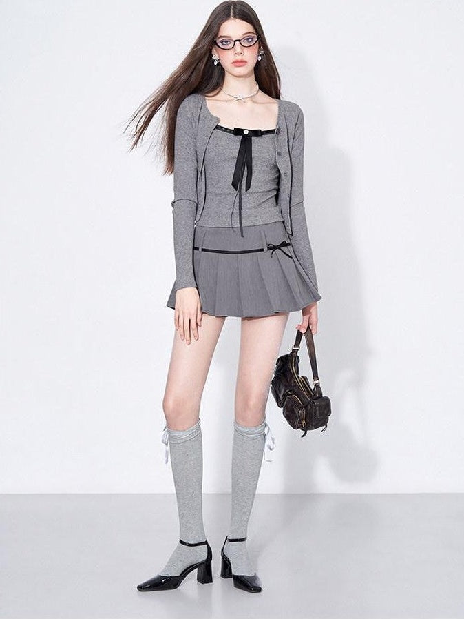 AFTADAWN Grey Bow Cardigan Pleated Skirt Women&