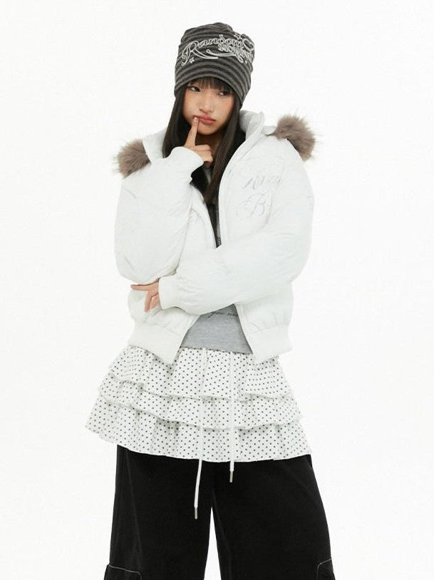 atrandom Cropped Fur Collar Detachable Hood Slim Fit Women&