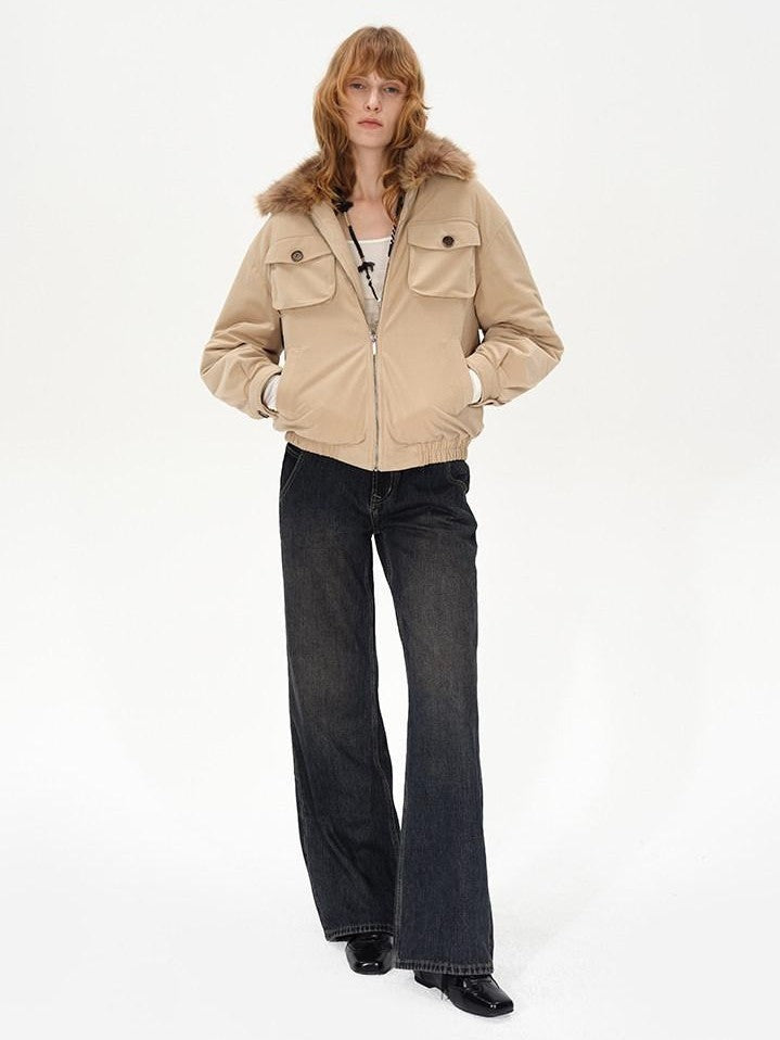 AFTADAWN Khaki Detachable Fur Collar Panelled Women&