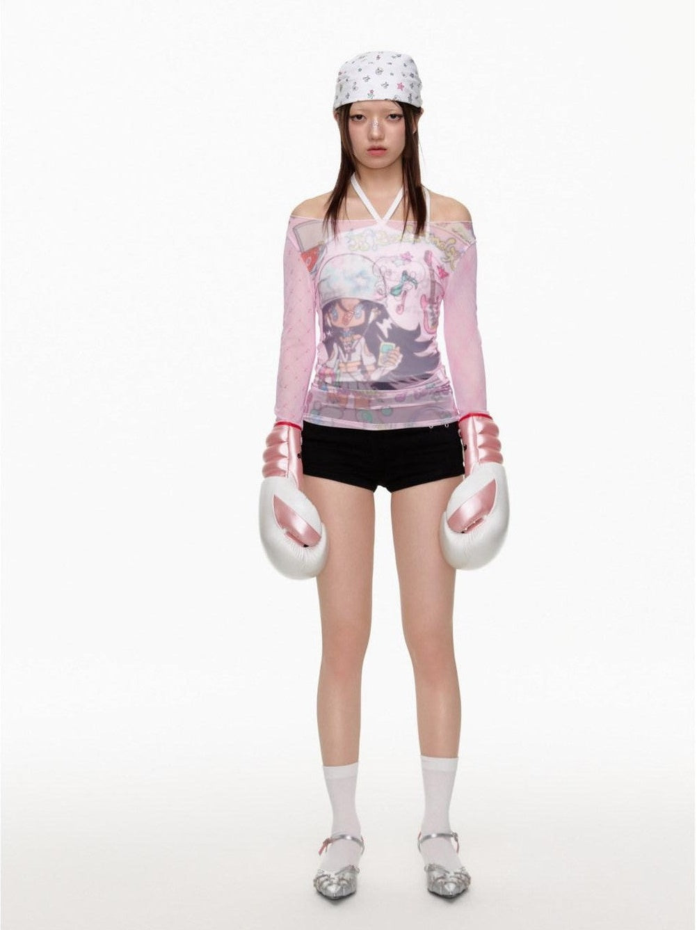 BETWEENAND Dreamy Pink Mesh Paneling Bardot Neck Women&