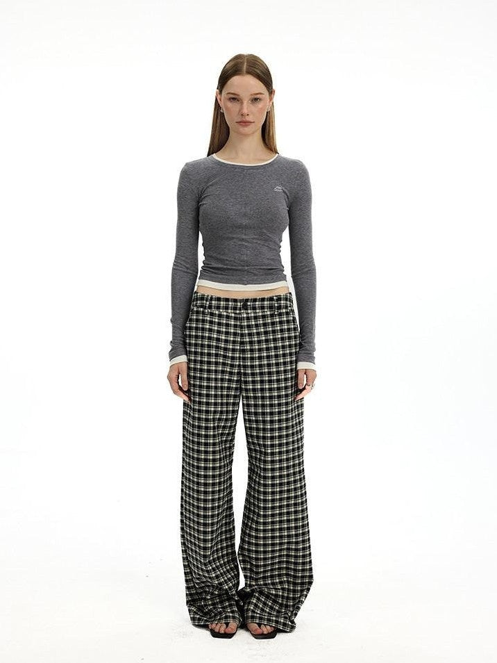 AFTADAWN Plaid Relaxed Mid Rise Natural Waist Pocketed Zip Fly Women&