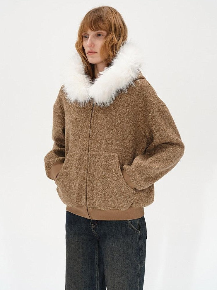 AFTADAWN Textured Woven Detachable Fur Collar Zipper Women&