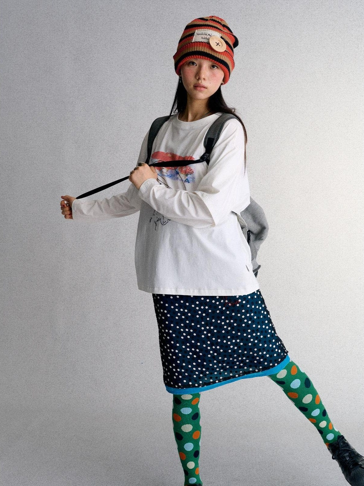 Achihara Mushroom Print Rhinestone Faux Layered Women&