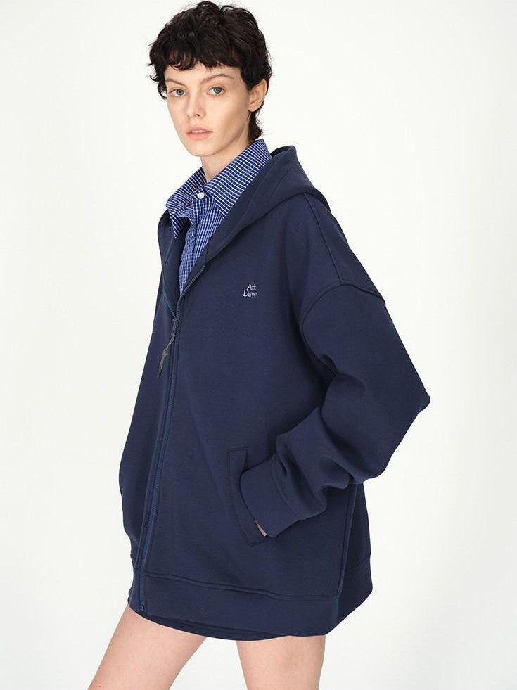 AFTADAWN Blue Hooded Zip A Line Solid Loose Women&