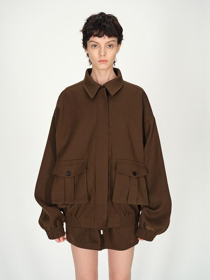 AFTADAWN Brown Lapel Double Zip Pockets A Line Women&