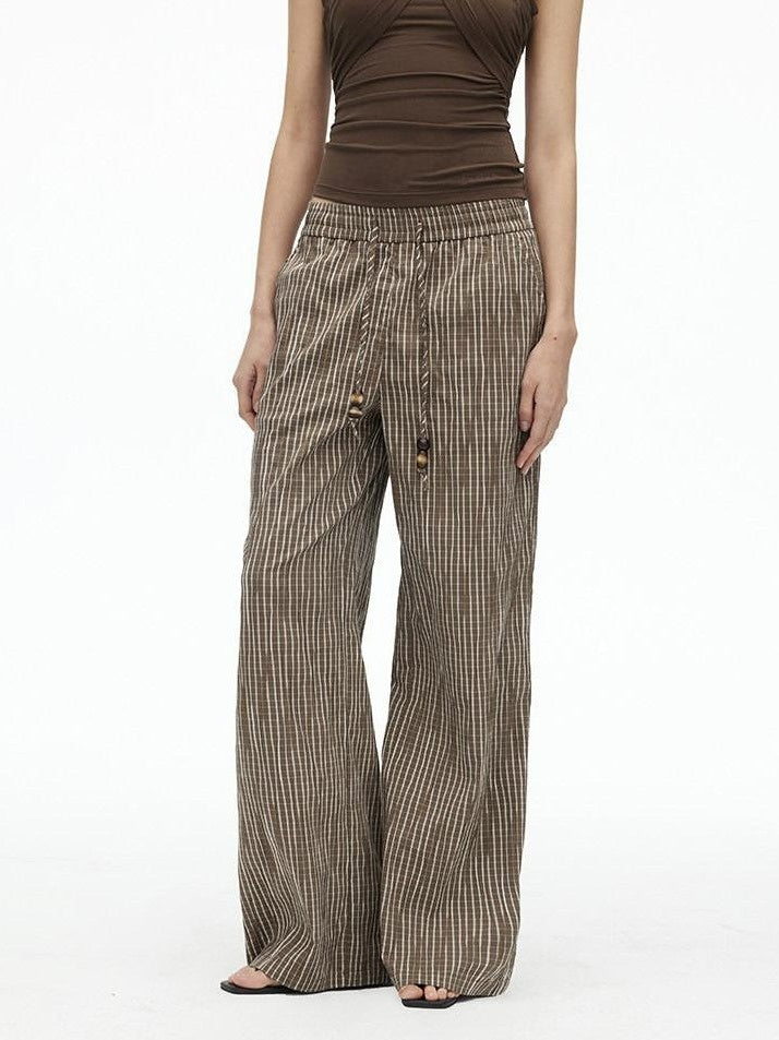 AFTADAWN Vertical Check Textured Beaded Drawstring Women&