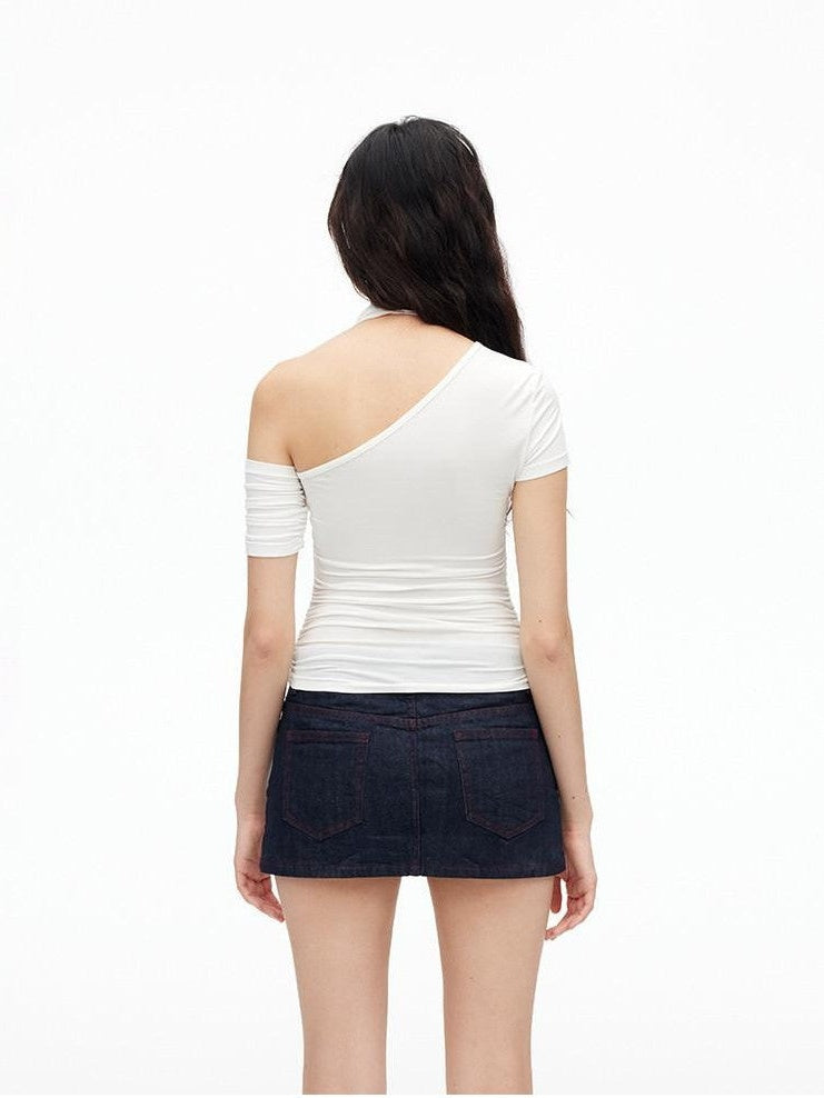 AFTADAWN Solid Ruched Halter Slanted Shoulder Women&