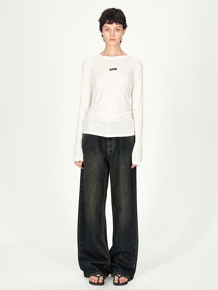 AFTADAWN Logo Embroidery Ruched Waist Round Neck Women&
