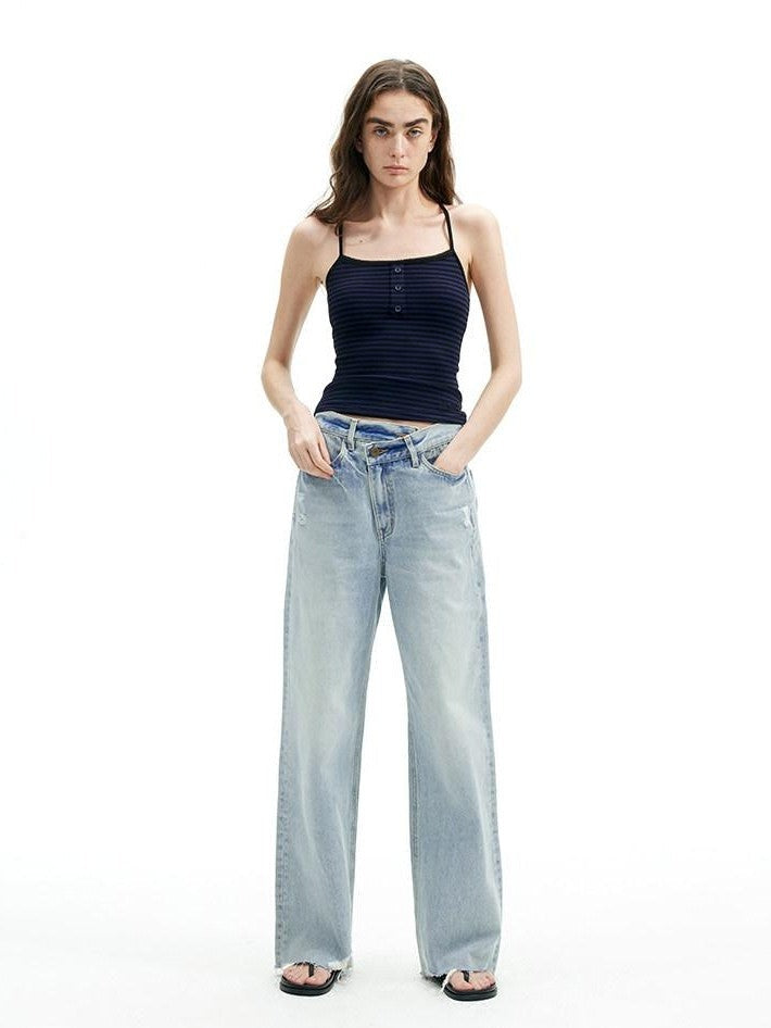 AFTADAWN Light Blue Ripped Slanted Zip Fly Women&