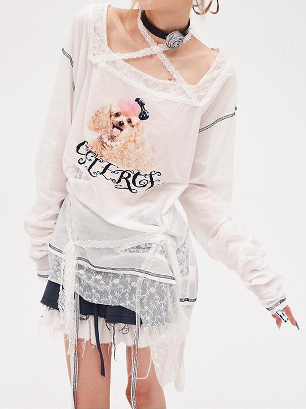 CFIERCE Fierce Poodle Print Lace Trim Long Sleeve Top