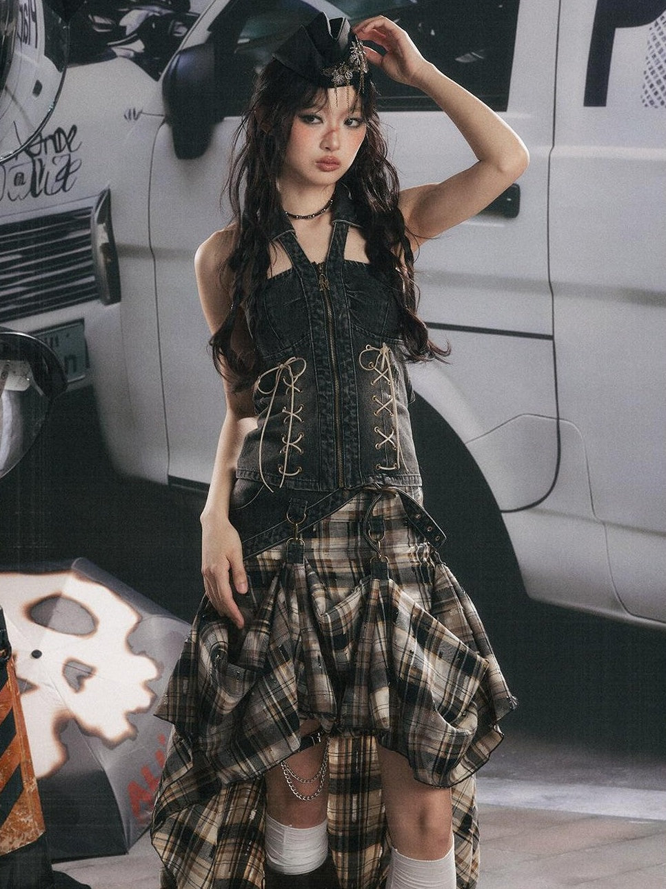 ALL iN plan Black Plaid Tie Waist Zipper Slim Fit Women&