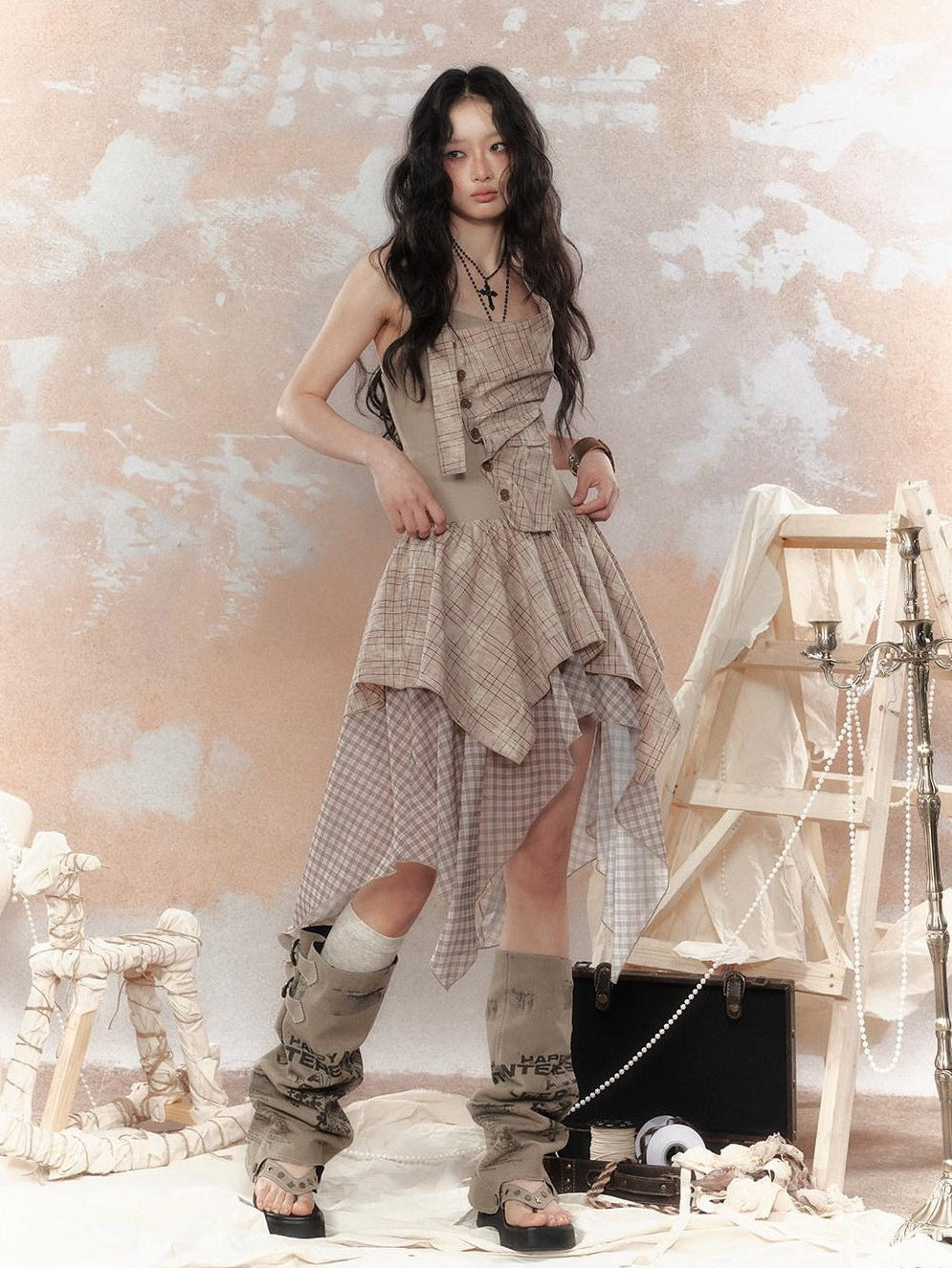 ALL iN plan High Waist Asymmetric Patchwork Spaghetti Strap Khaki Casual Midi Dresses