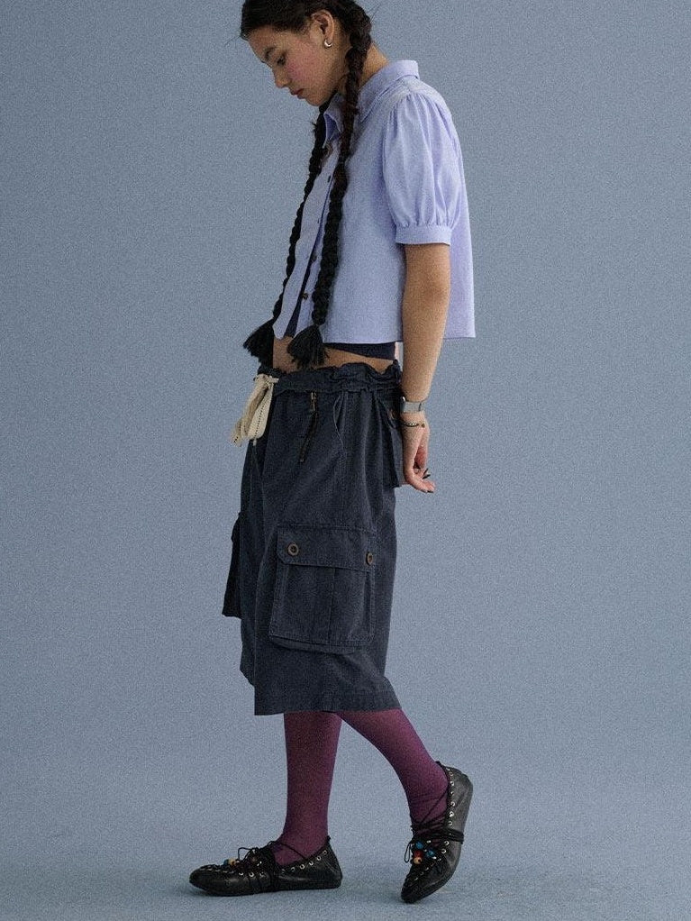 Achihara 100 Percent Cotton Pocket Commuter Natural Waist Girls Navy Grey Wide-Leg Pants