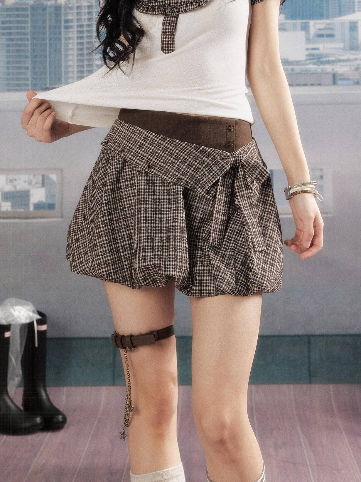 ALL iN plan Soft Modal Linen Blend Loose A Line Bow Double Waist Women Deep Brown Skirt