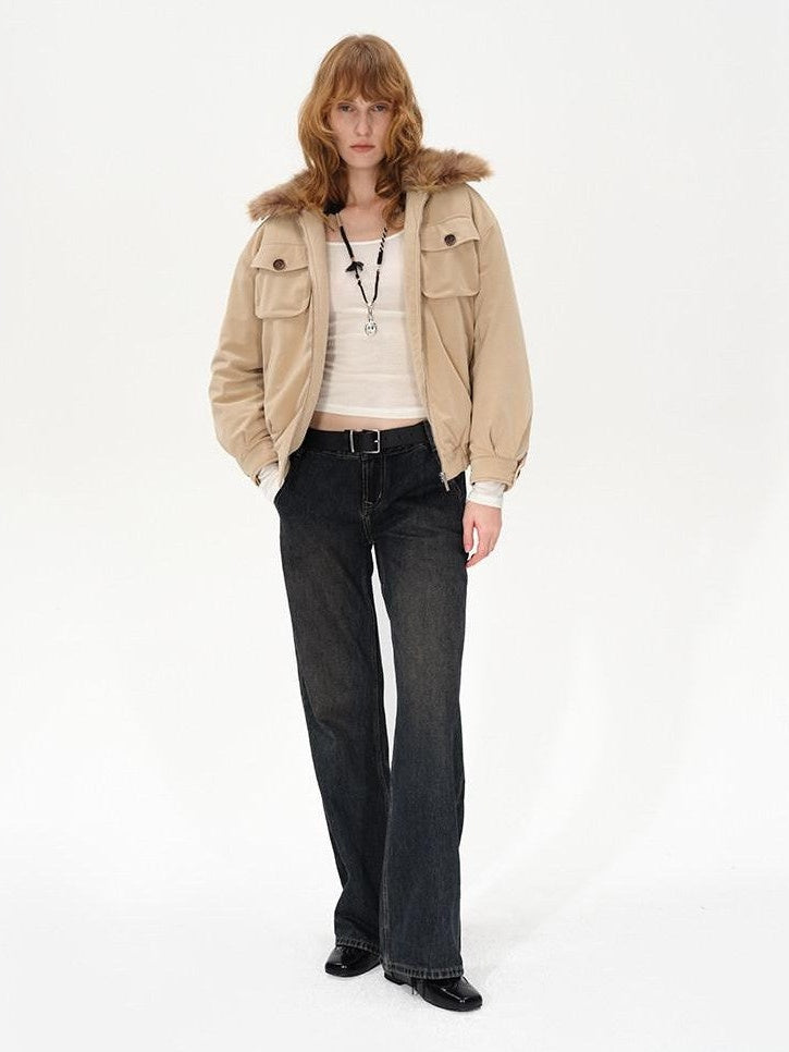 AFTADAWN Khaki Detachable Fur Collar Panelled Women&