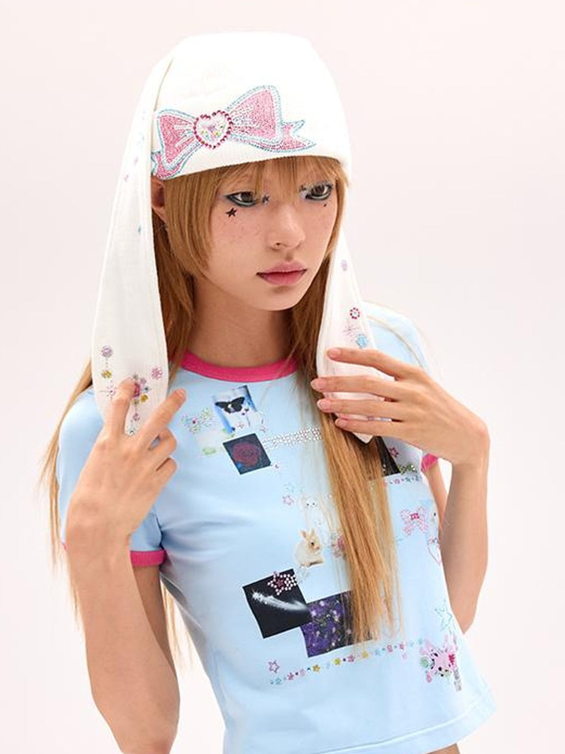 CFIERCE Crystal Studded Rabbit Ear Knit Cap