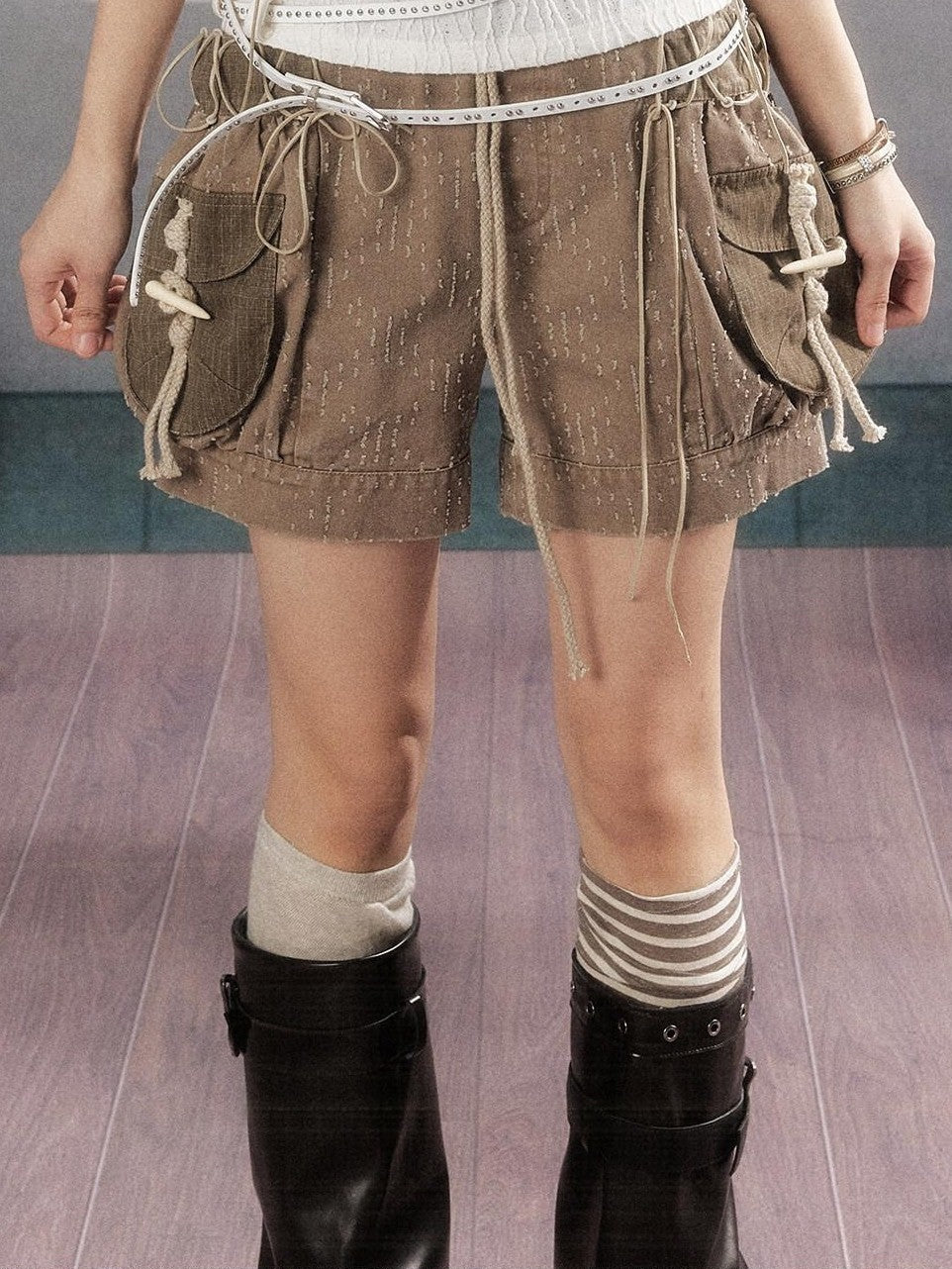 ALL iN plan Pure Cotton Lightweight American Cargo Natural Waist Women Khaki Hot Pants
