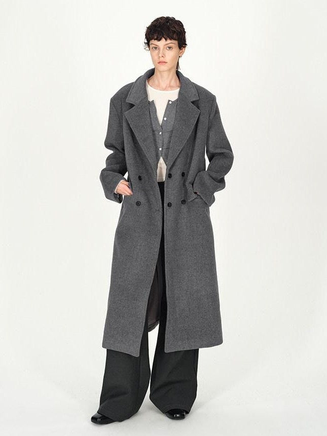 AFTADAWN Gray Double Breasted Half Collar Pocket Long Women&