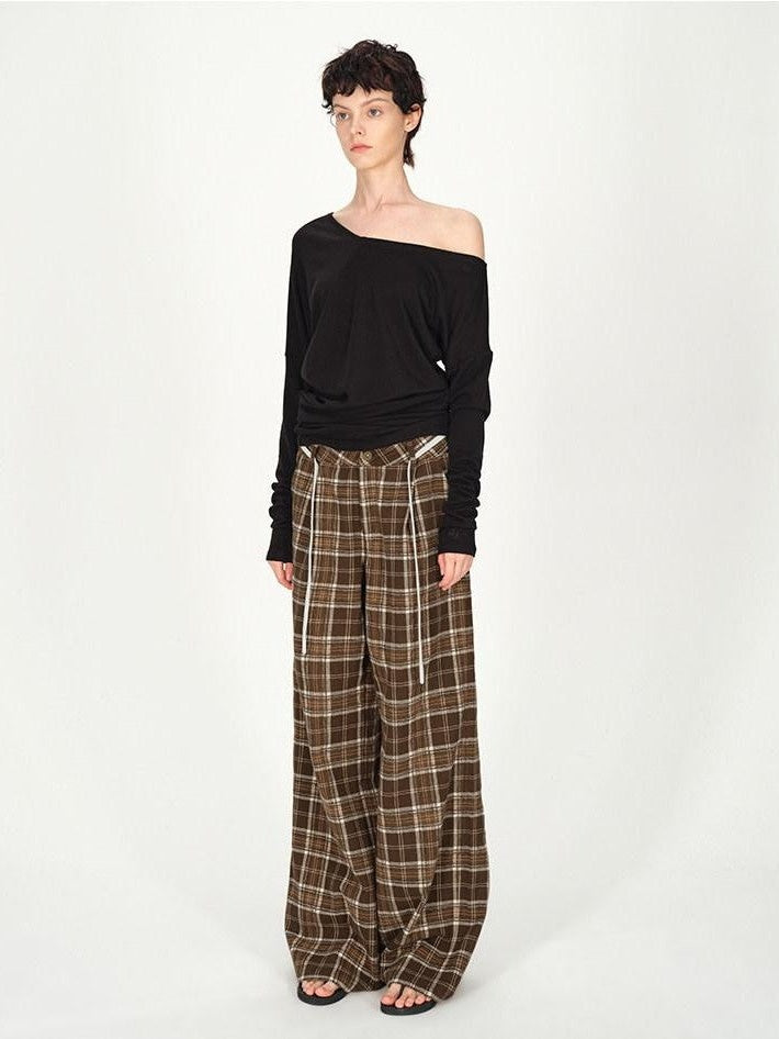 AFTADAWN Plaid Textured Pleated Low Waist Women&