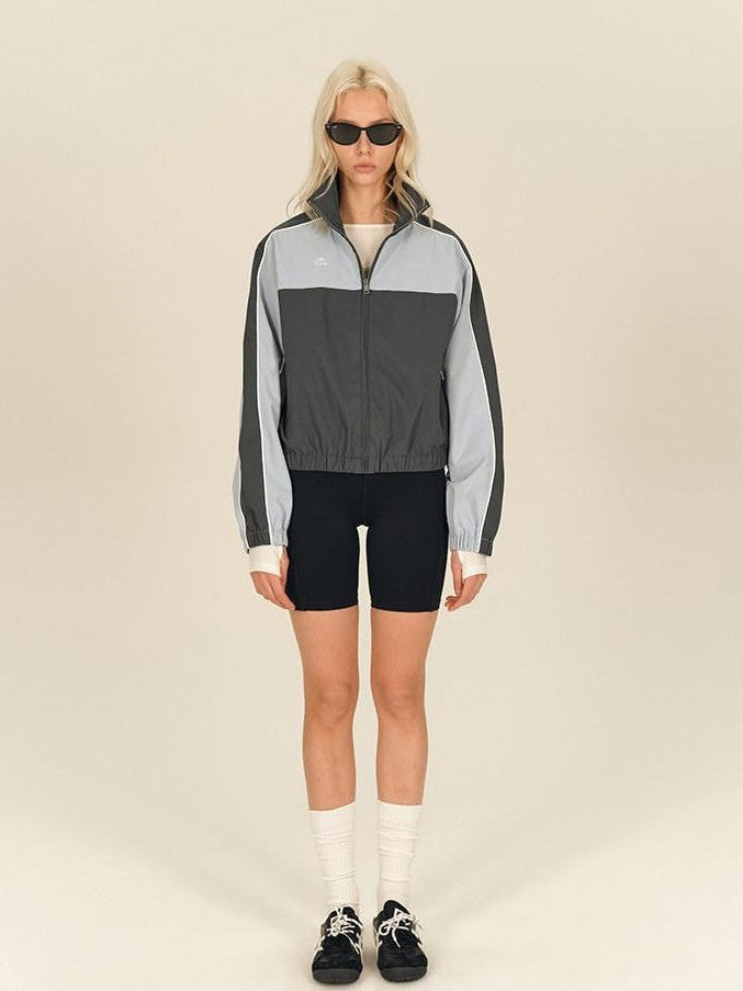 AFTADAWN Light Blue Colorblock Raglan Stand Collar Zipper Women&