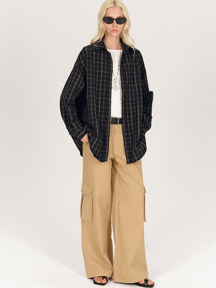 AFTADAWN Soft Textured Plaid Patchwork Collared Loose Women&