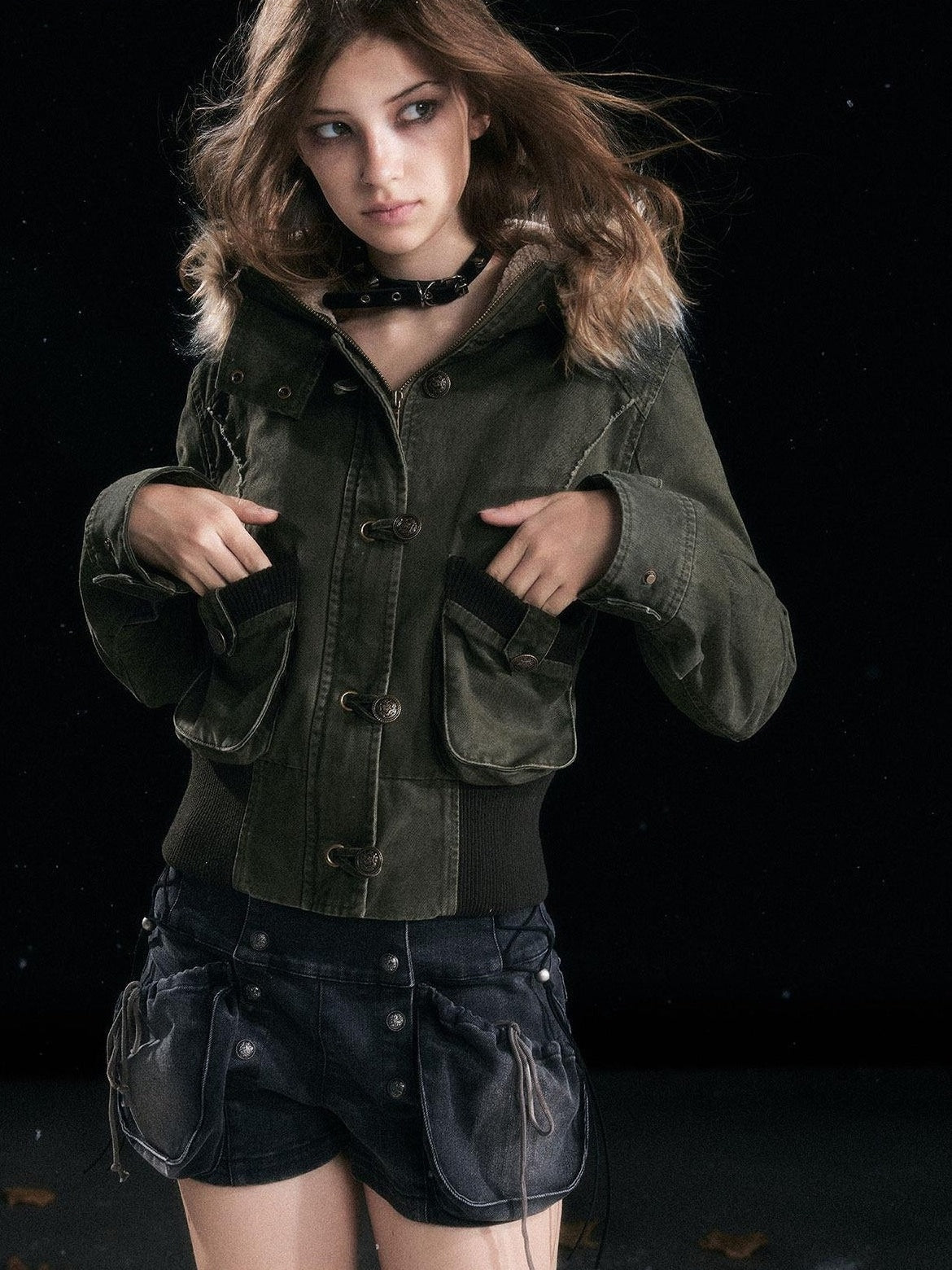 Cest Nous Cotton Filled Hooded Short Straight Commuter Women Olive Green Puffer Jacket