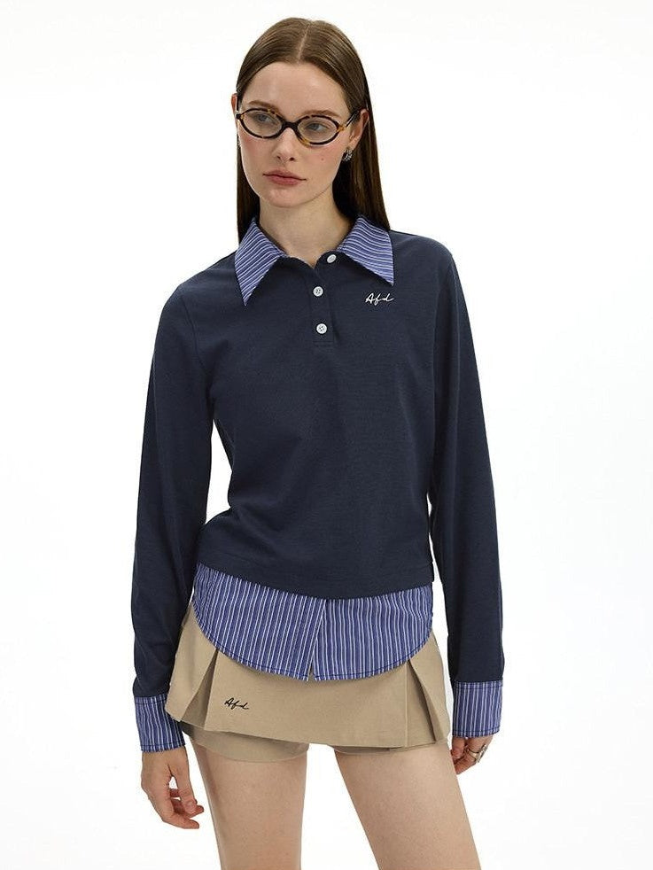 AFTADAWN Colorblock Faux Two Piece Polo Collar Striped Women&