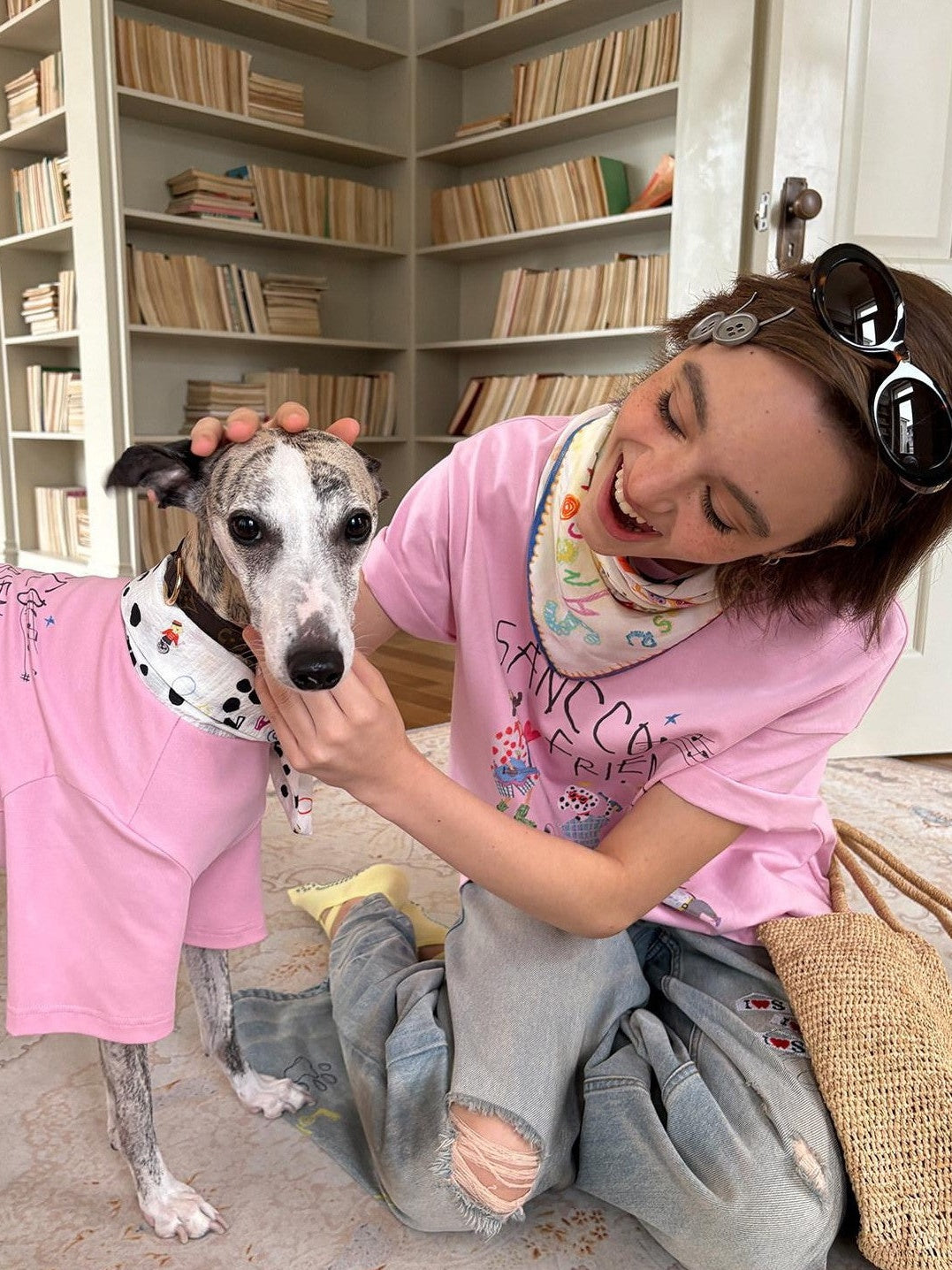 sancco house White Pink Cute Print Crew Neck Women&