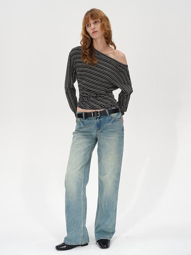 AFTADAWN Ruched Asymmetric Neck Striped Women&