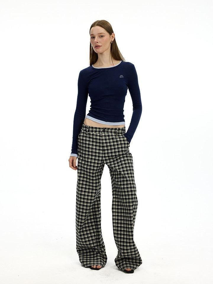 AFTADAWN Plaid Relaxed Mid Rise Natural Waist Pocketed Zip Fly Women&