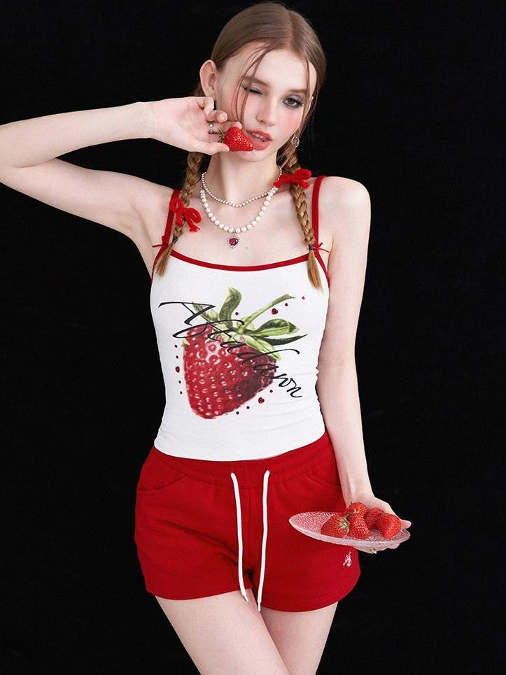 AFTADAWN Strawberry Print Cropped Slim Women&