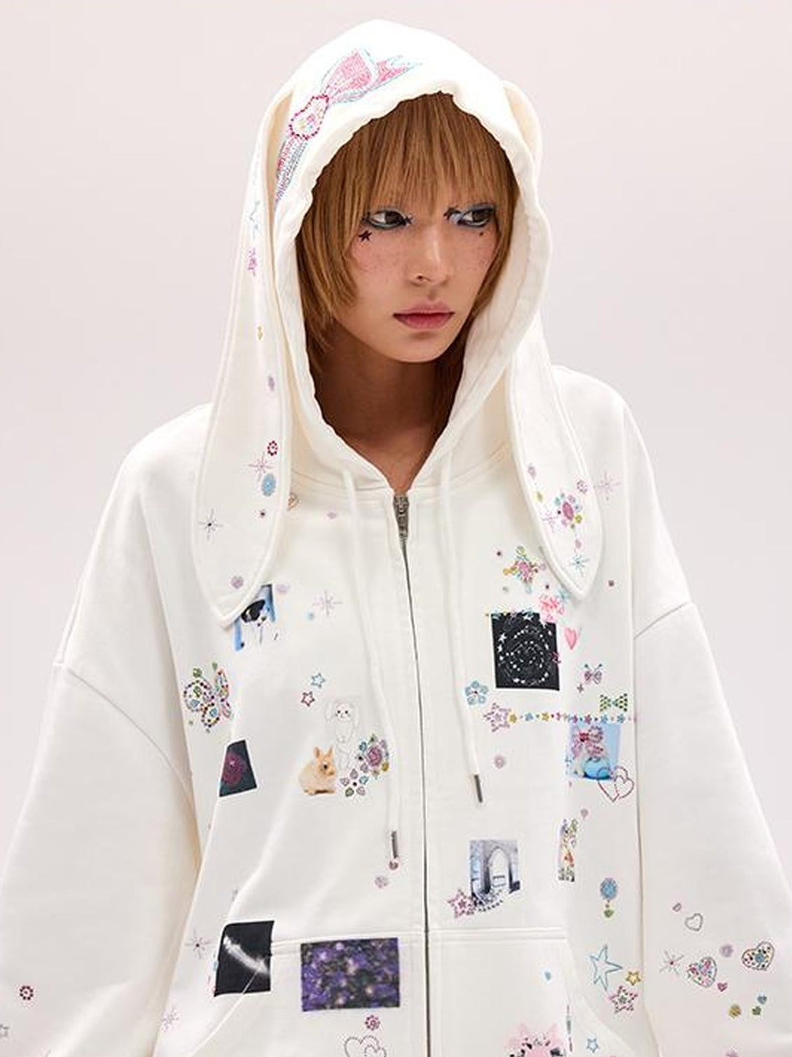 CFIERCE Embroidered Rabbit Ear Hoodie With Rhinestone Details