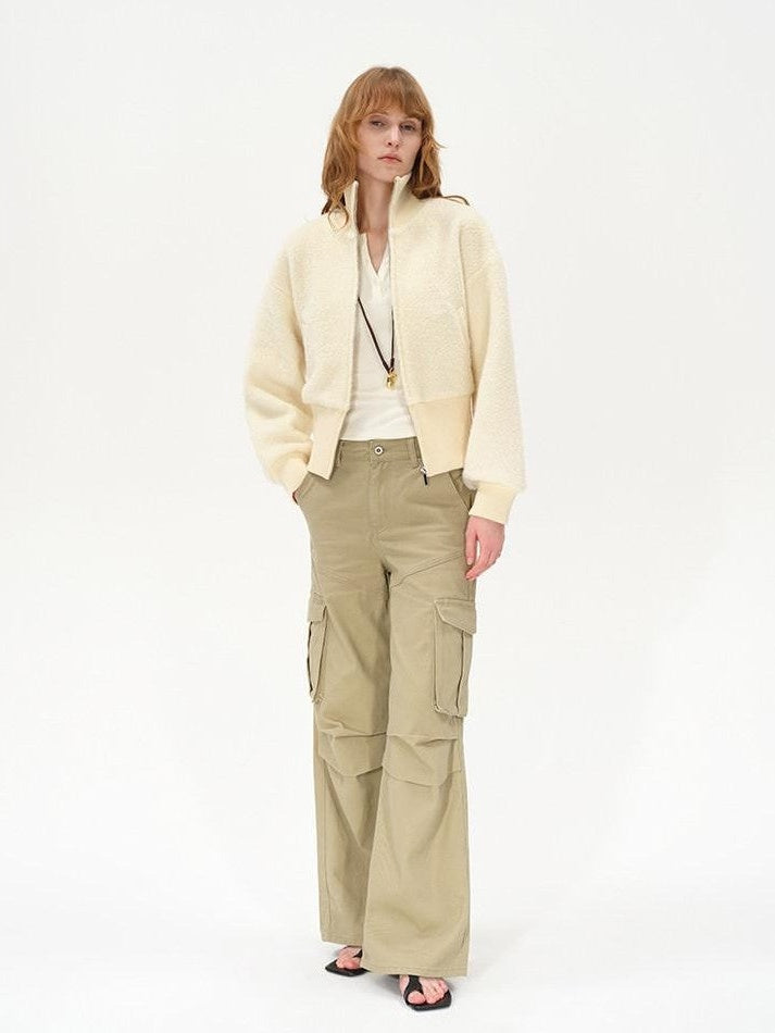AFTADAWN Ivory Ribbed Knit Zip Stand Collar Women&
