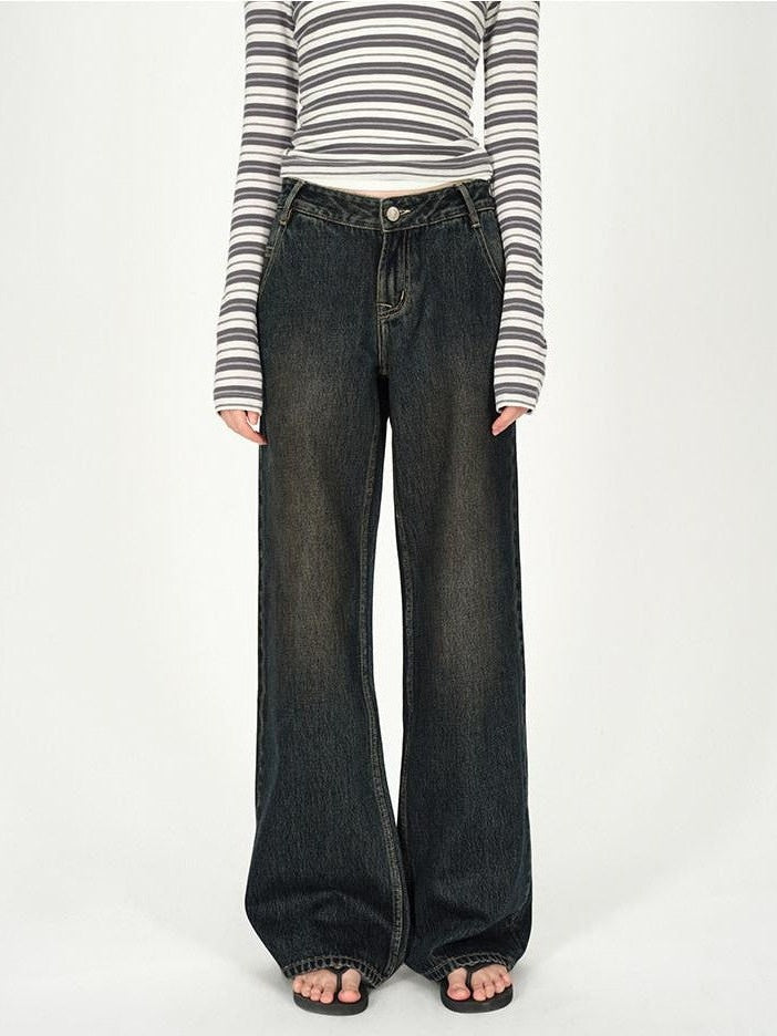 AFTADAWN Dark Washed Distressed Low Rise Women&
