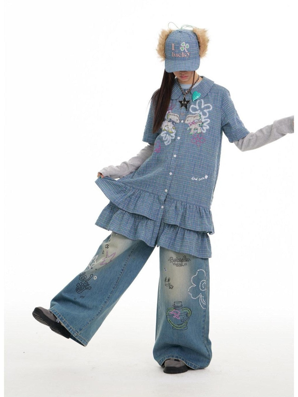 BETWEENAND Blue Deer Print Gingham Doll Collar Women&