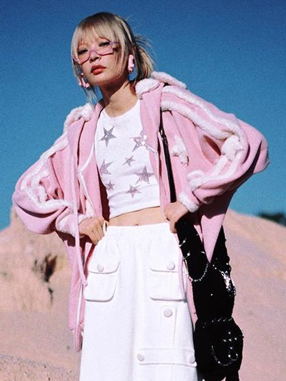 CFIERCE Pink Star Knit Cardigan With Angel Wing Details